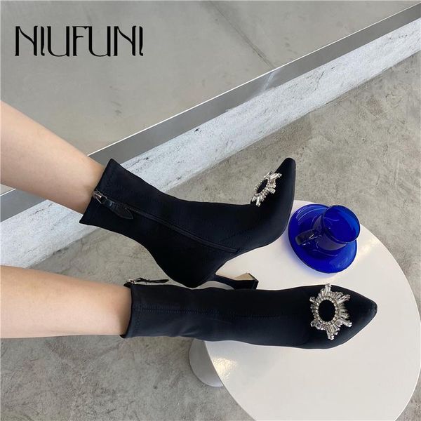 

boots black stretch fabric pointed sun flower rhinestone women's cup heels side zipper satin cloth size 35-41 women autumn