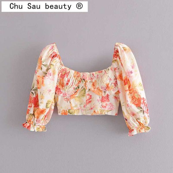 Chu Sa Sa Sa Sau Bellezza Donne Camicia Estate Top Casual Casual Casual Square Collare a sospensione Floral Breve Croundped Navel Crop Top Womm Camicetta 210721