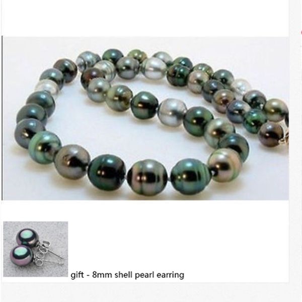 

natural tahitian black gray green pearl necklace earring set 18", Slivery;golden