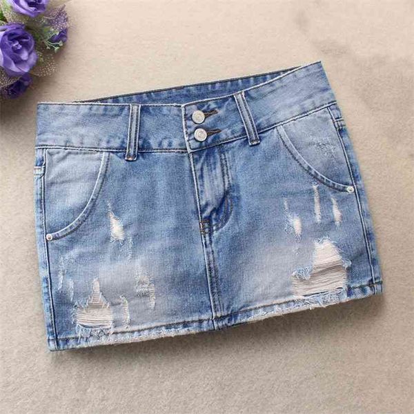 Женщины Летние джинсовые юбки моды середины талии разорванные отверстие повседневные мини джинсы юбка высокого качества синий сексуальный 210708