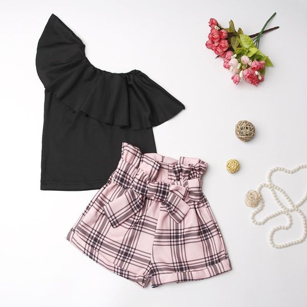 

clothing sets kids baby girl clothes set vest one shoulder shorts plaid bow knot 2pcs casual cotton summer girls 2-6y, White