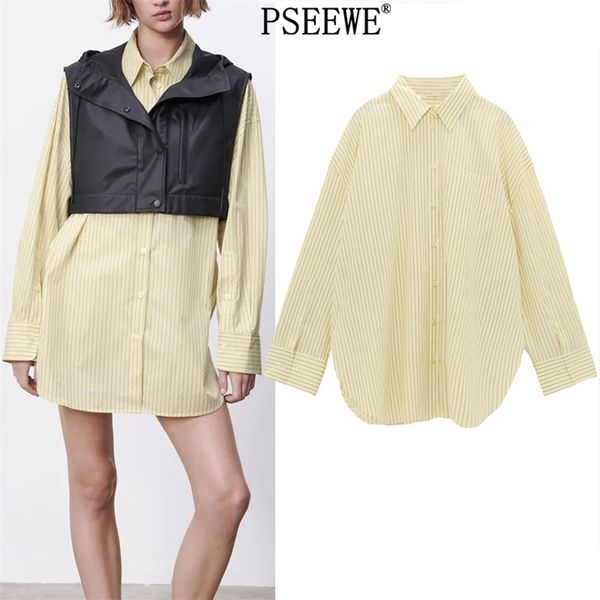

spring yellow striped long shirt women oversize button up woman sleeve female pocket casual blouse 210519, White