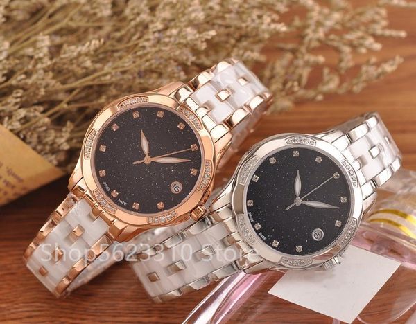 

wristwatches romantic crystal starry sky watch zircon quartz wristwatch white ceramic date clock luxury ladies dress calendar watches 34mm, Slivery;brown
