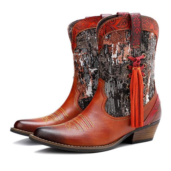 

boots vintage splicing printed ankle for women shoes woman genuine leather block zipper 3cm thick high heels fringe, Black