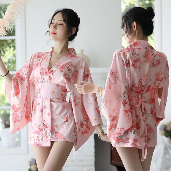 

ethnic clothing pink flower women kimono short japanese yukata style cosplay costume female gown mini dress, Red