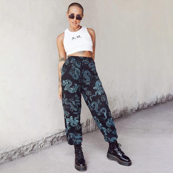 

women's pants & capris 2021 dragon print cargo women tapered carrot loose trousers summer casual streetwear ladies bandage waist lace u, Black;white