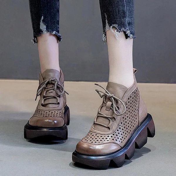 

genuine leather spring 2021 thick-soled ethnic trifle lace-up women's short boots cowhide big round head hollow, Black