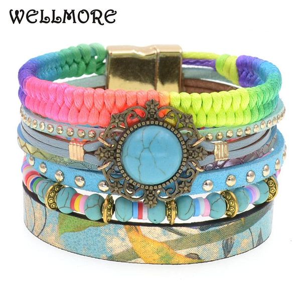 

charm bracelets wellmore colorful bohemia for women stone beaded leather bracelet multilayer female fashion jewelry, Golden;silver