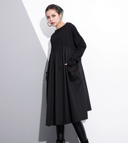 

casual dresses spring round neck long sleeve black pockets fold split joint big size women fashion tide je616, Black;gray