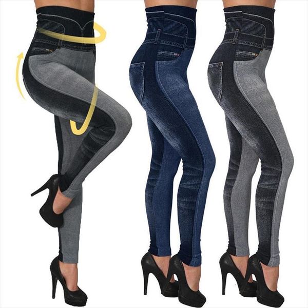 

imitation jeans womens legging high waist pants fitness elastic slim leggins mujer sport casual female push up, Black