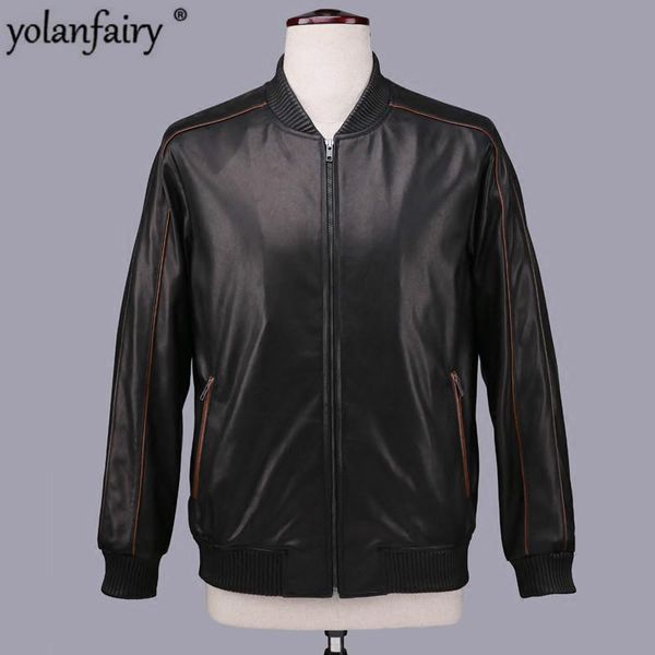 

men's leather & faux yolanfairy geniune jacket men sheepskin bomber spring autumn quality outwear veste homme 16-h21# mf396, Black