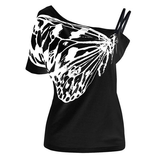 

summer fashion oblique women t shirt shoulder butterfly print strap short sleeve tees, White