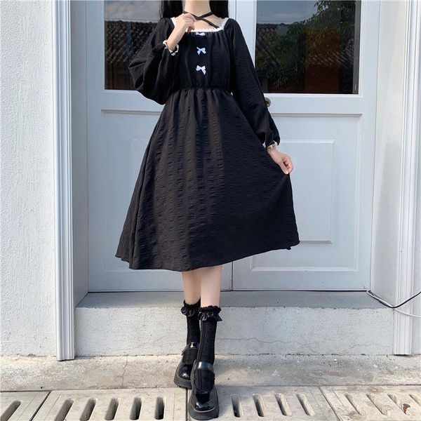 

casual dresses one-piece 2021 women's autumn japanese lolita dress women cute vintage kawaii chiffon long sleeve sweet, Black;gray