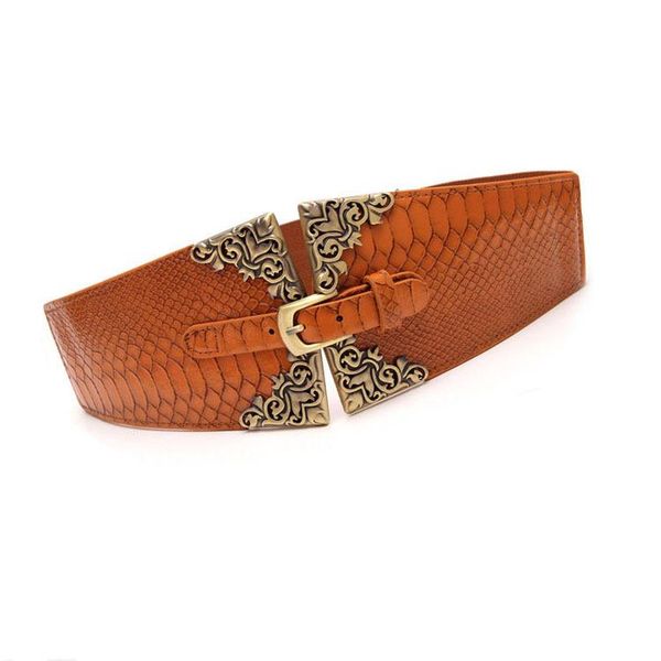 

fashion luxury crocodile pattern leather belt for women stretch elastic cummerbunds ladies dress waistband waist seal girdle belts, Black;brown