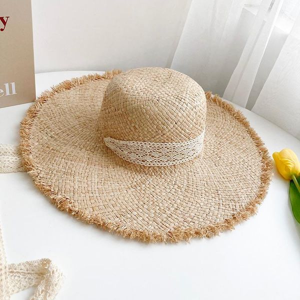 

summer beach lace big brim straw hats cap fashion women's hat travel rattan weave sun casual wide, Blue;gray