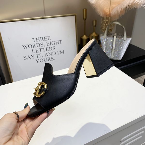 

2021 luxury designer slide design fashion dating womens sandals slippers leather sandals shoemaker thick heels 7.5 cm 34-41 with shoebox, Black