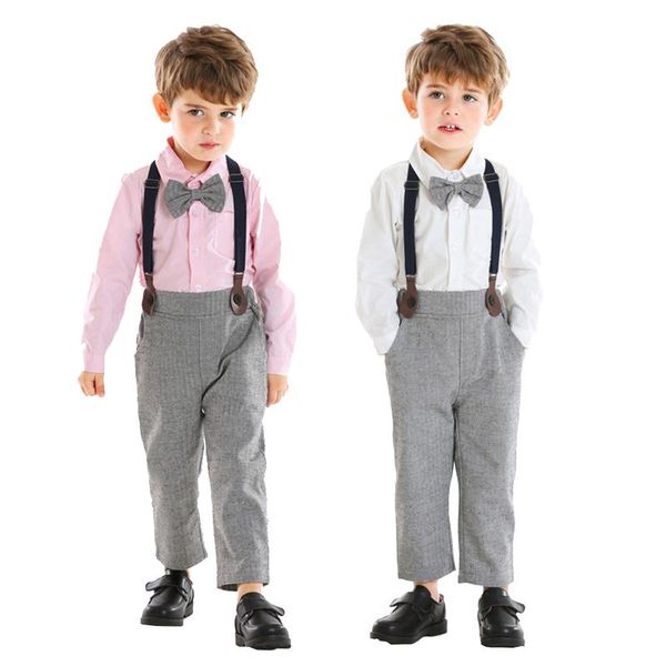 

clothing sets toddler baby boys autumn clothes gentleman bow tie t-shirt +suspender pants kids outfits formal child boy 1-5 year, White
