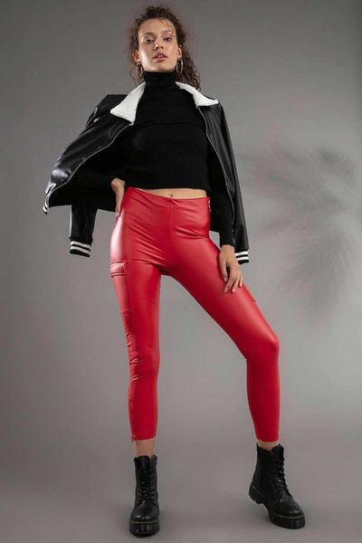 

women's cargo pocket side zipper leather leggings 10417 y19w126-10417, Black