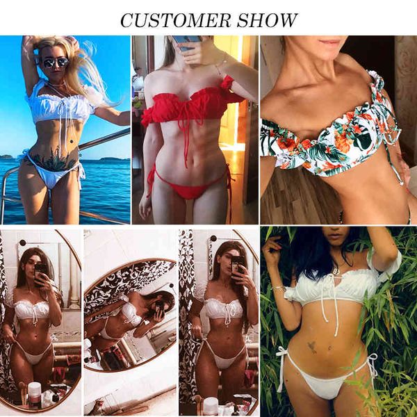 

in-x solid white ruffle swimsuit female bandeau bikini 2020 short sleeve swimwear women tie side bathing suit high cut biquini, White;black