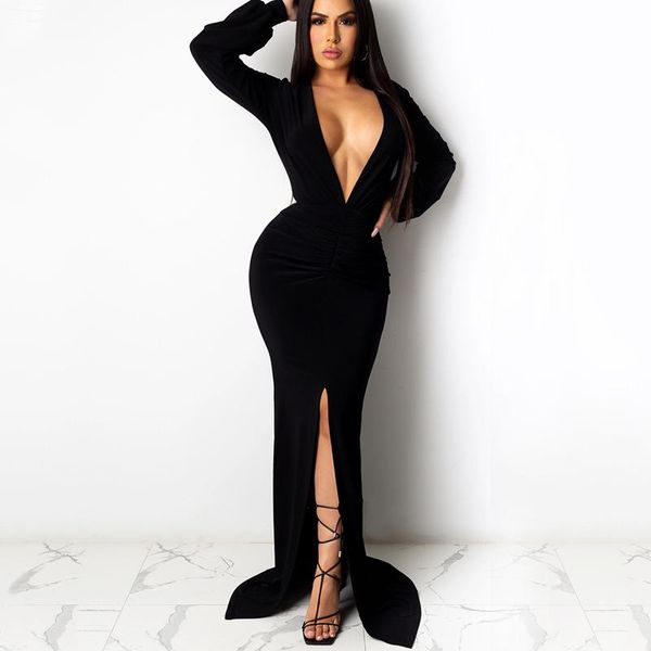 

casual dresses 2021 design women long sleeve deep v neck slim maxi dress elegant split bodycon night club party, Black;gray