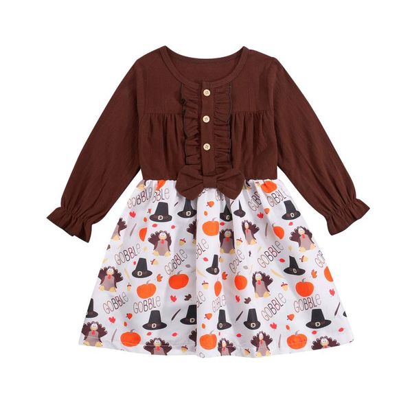 

clothing sets baby thanksgiving long sleeve dress with cartoon pattern bow decoration ruffle buttoned, White