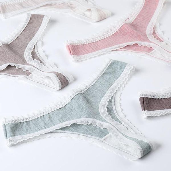 

women's panties lace pure color seamless thongs ladies cotton female underwear intimates briefs for women, Black;pink