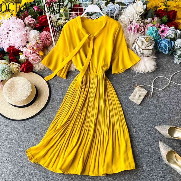 

flare sleeve vestidos fashion solid pleated bandage a-line women dress v neck elegant holiday robe bow chic 16795 210415, Black;gray