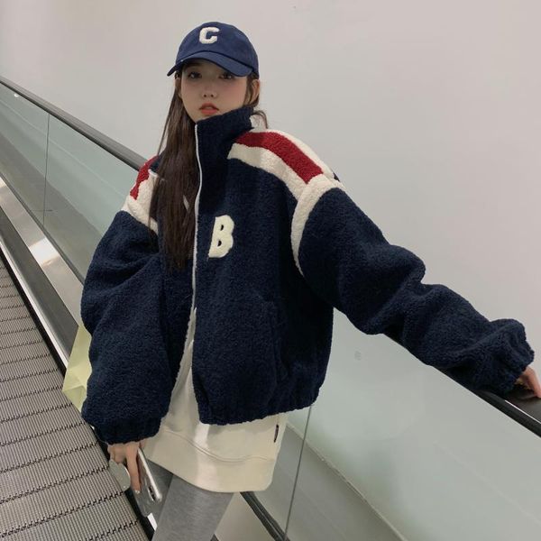 

women's jackets for women winter lambswool baseball uniform korean version ins loose dark blue plus velvet zipper woman jacket coat, Black;brown