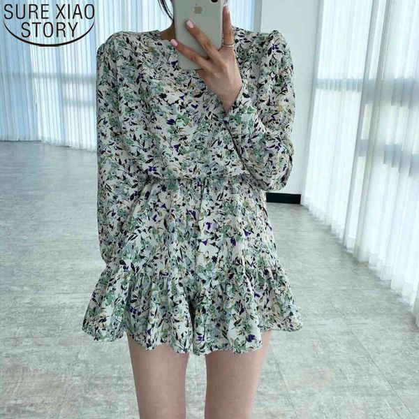 

korean chic spring mini floral long sleeve round collar women print dresses plus size loose casual dress vestidos 13472 210417, Black;gray