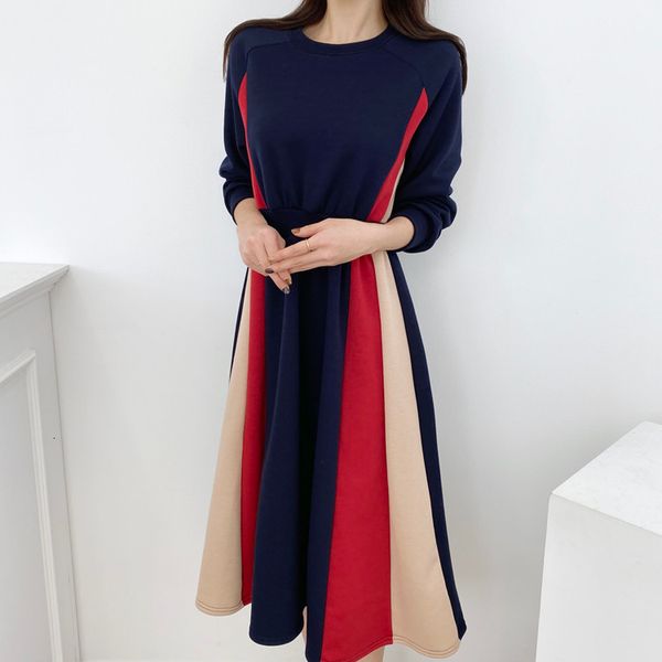 

dresses in autumn and winter color contrast stitching long style plush stretching belt slim waist, Black;gray
