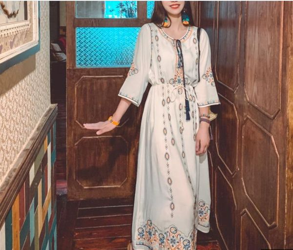 

casual dresses national style women bohemian ethnic long dress 2021 summer embroidery flower o-neck lacing waist holiday beach wear, Black;gray