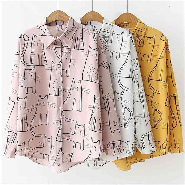 

fashion women retro cat pattern print cotton blouse long sleeve lapel collar single buckle summer spring blouses, White