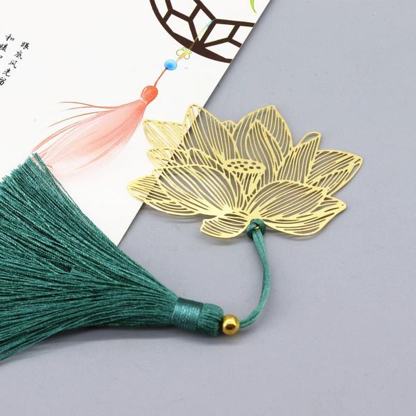 

bookmark 1pcs golden lotus chinese style ancient classical water lily love bookmarks brass gift tassel zen buddhist