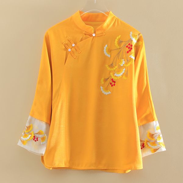 

jackets autumn women chinese style stand collar retro embroidery elegant three quarter sleeve loose women's coat s-2xl, Black;brown