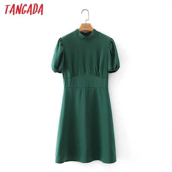 

summer women green stand neck puff short sleeve back zipper ladies mini dress vestidos 2m24 210416, Black;gray