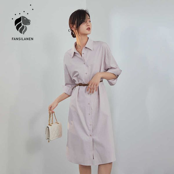 

fansilanen elegnat purpel button up shirt dress women hale sleeve casual office midi summer split loose es 210607, Black;gray