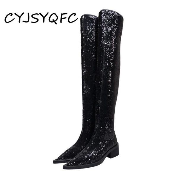 

boots cyjsyqfc glitter bling long for women pointy toe chunky heels over the knee slip on thigh high heel, Black