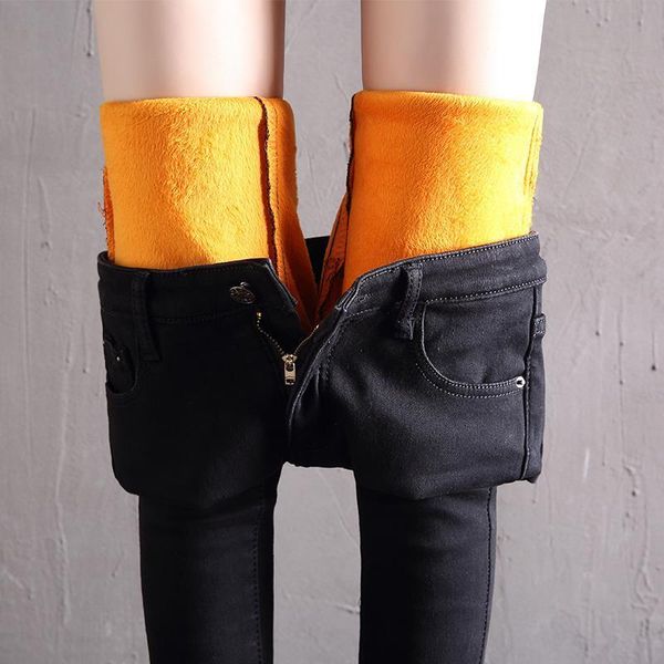 

winter warm classic style women jeans fashion casual plus thick velvet skinny pants black gray blue