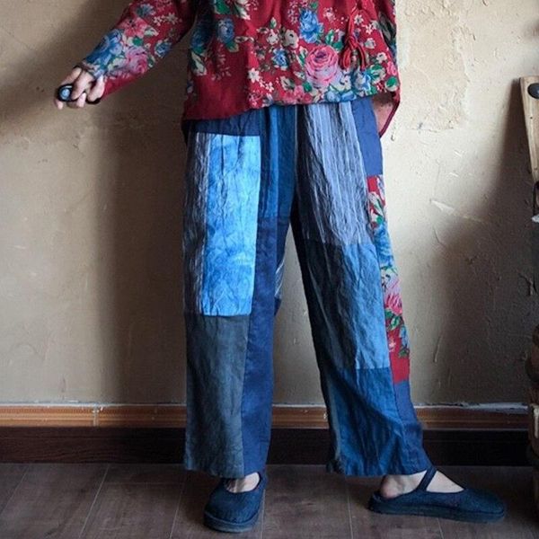 

autumn spring linen elastic waist patchwork trousers loose retro ankle-length casual women straight pants women's & capris, Black;white