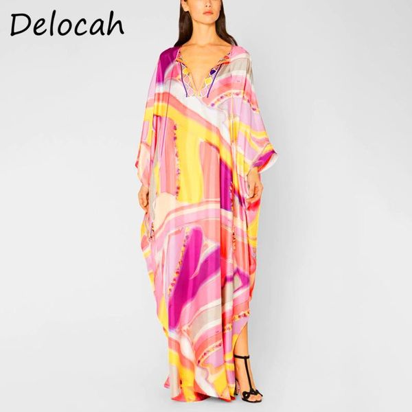 

casual dresses delocah women autumn fashion designerÂ holiday maxi dress batwing sleeve ruffles vintage printed ladies robe long 2021, Black;gray
