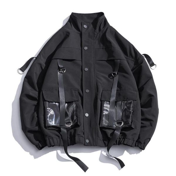 

men's jackets 2021 men military jacket coats casual windbreaker ribbons pockets overalls bomber hip hop streetwear man clothing, Black;brown