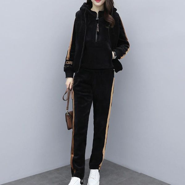 

women's two piece pants plus size women winter warm suit hooded vest and matching outfit black thicken three set large female clothes, White