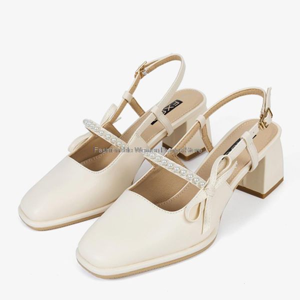 

sandals 2021 summer women buckle bowknot string bead square high heels mary jane woman french single shoes casual, Black