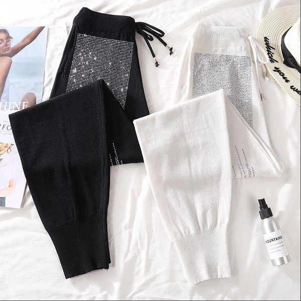 

black fashion diamond casual womens capris high waist drawstring long sequins trousers elastics streetwear joggers, Black;white