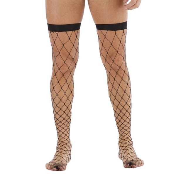 

men's socks women stocking lace stay up thigh high hollow out mesh net fishnet stockings men rhinestone ultra thin hosiery, Black