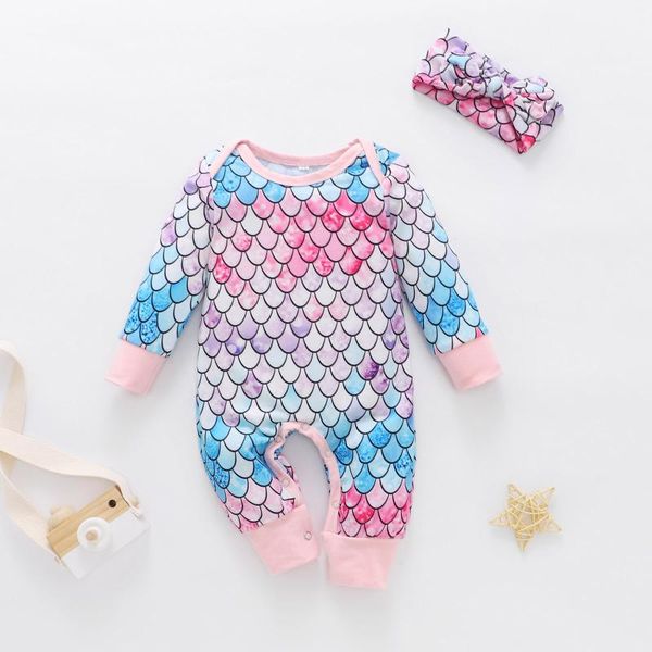 

clothing sets boys girls gradient gamp scale priting jumpsuit romper+headband infant baby o neck clothes with long sleeve in winter kids, White