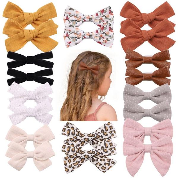 

hair accessories 1piece cotton linen leopard printed bows clip for kids girls lace bowknot covered safty hairpins headwear, Slivery;white