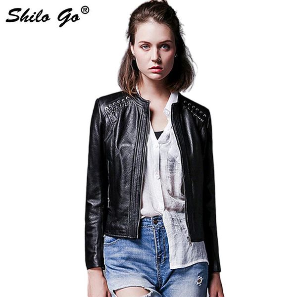 

women's jackets shilo go leather jacket autumn fashion sheepskin genuine o neck rivet adjustable shouler front zipper black coat, Black;brown