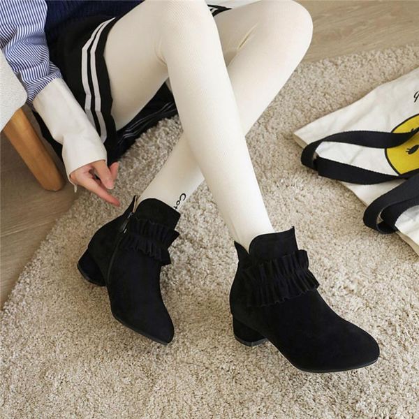 

boots annymoli med heel ankle block woman zip round toe short pleated ladies shoes autumn winter red size 33-431 whzz, Black