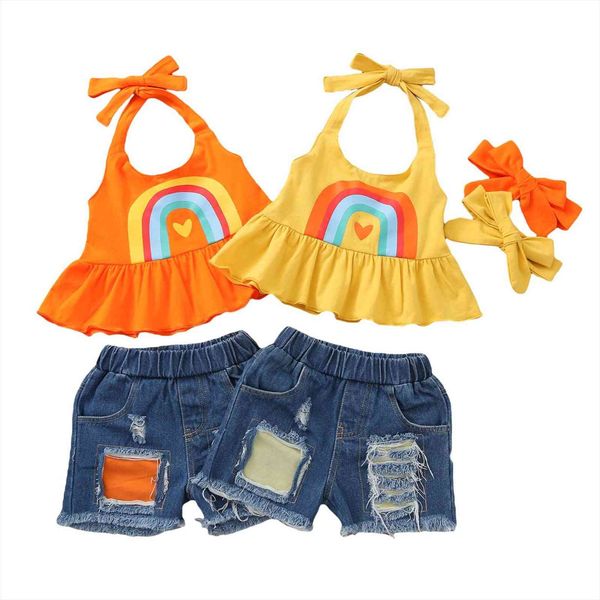 

0 6y toddler baby girl fashion summer clothing sleeveless hang a neck strap hole denim shorts 3pcs, White